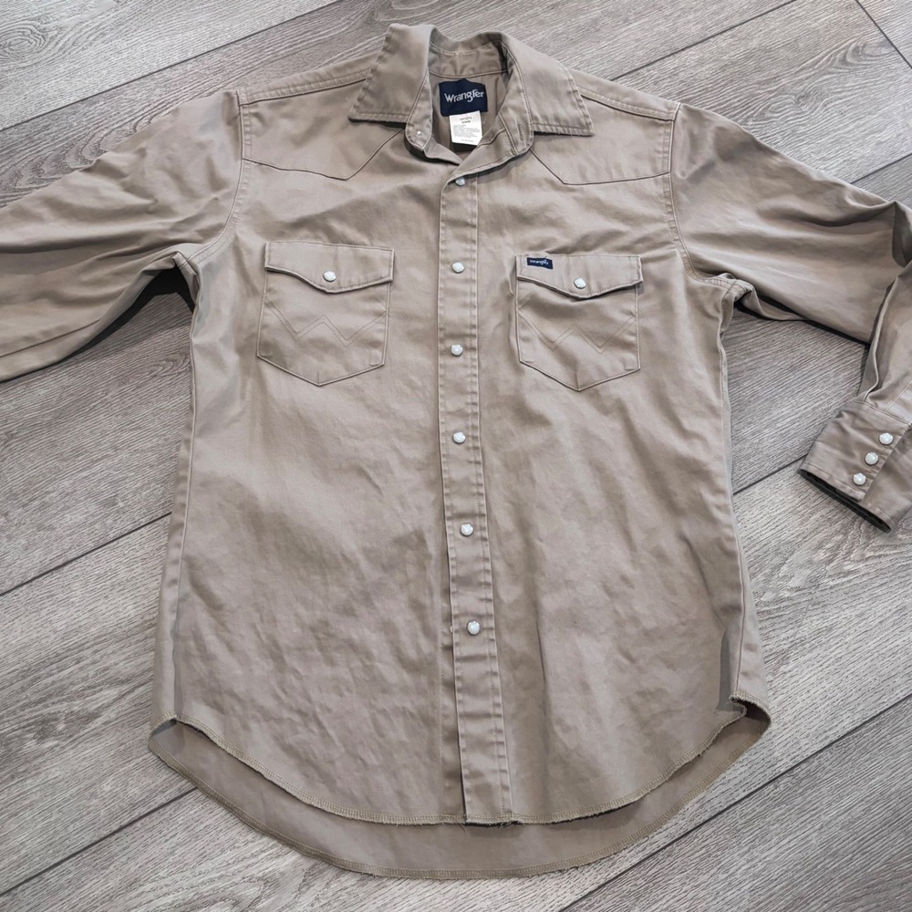 Wrangler Western Pearl Snap Shirt Mens Medium Tan Khaki Cotton Workwear MS70319